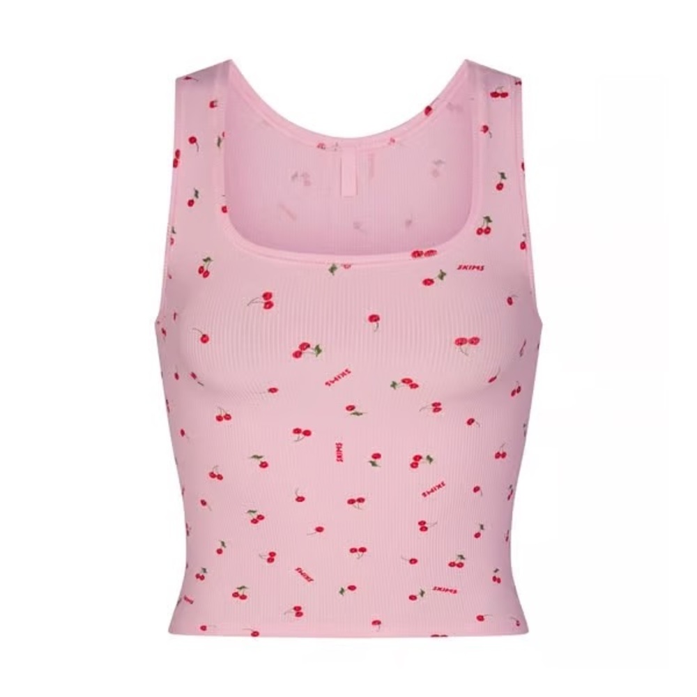 SKIMS Soft Lounge Ribbed Tank Top Pink Cherry Print XS NWT Limited Edition